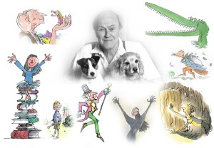 My Roald Dahl collage featuring some of his most popular characters (as drawn by the amazing Quentin Blake).  Surrounding Mr. Dahl and his pups are: at the top left are: The BFG, Sophie, Dahl with his pups, The Enormous Crocodile, Mr. Fox, James, the Grand High Witch, Willy Wonka, and Matilda.