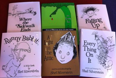 The Shel Silverstein collection "borrowed" from the shelves of an obliging independent brick and mortar bookstore, Greetings and Readings in Hunt Valley, Maryland. 