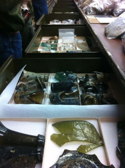 Glass fragments are sorted by type in drawer in the Archeology labs in Williamsburg. 