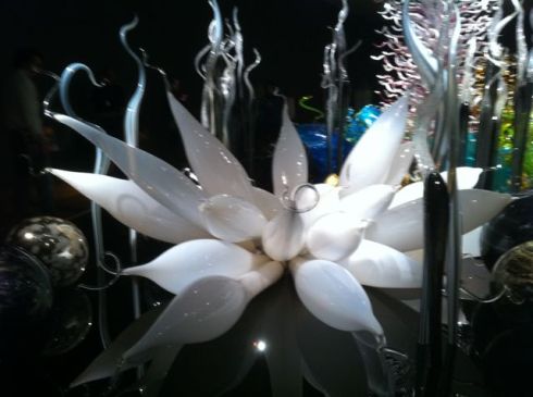 A flower of white at one end of the installation. [Detail.]