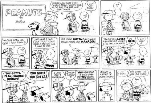 Sally's debut in the Peanut's comic strip. 