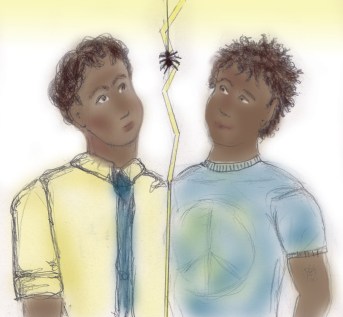 My take on the Anansi brothers, Fat Charlie and Spider. [Copyright: ritaLOVEStoWRITE.]