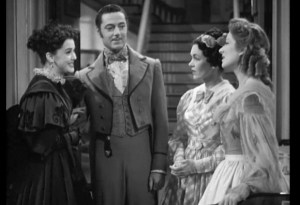 A triumphant Lydia returns home with her husband in the 1940 movie. With Ann Rutherford (Lydia), Edward Ashley (Wickham), Maureen O'Sullivan (Jane), and Greer Garson (Lizzie). 