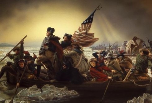 Emanuel Leutze's famous (and highly stylized) version of Washington crossing the Delaware river.