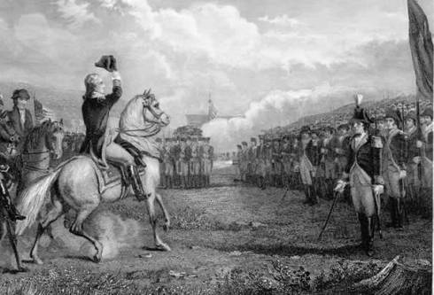 An etching showing George Washington addressing the troops in 1775 [Image courtesy: The National Archives]