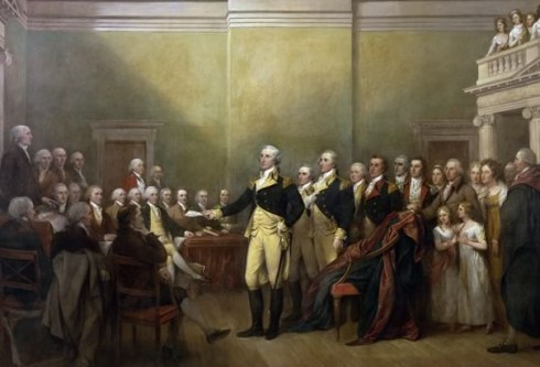 Washington was one of artist John Trumbull's favorite subjects. Here he is  resigning as commander and chief. 