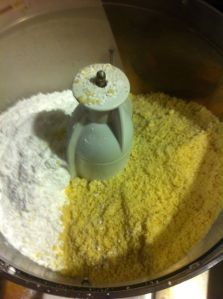 Powder sugar on the left; almond flour on the right, before being processed