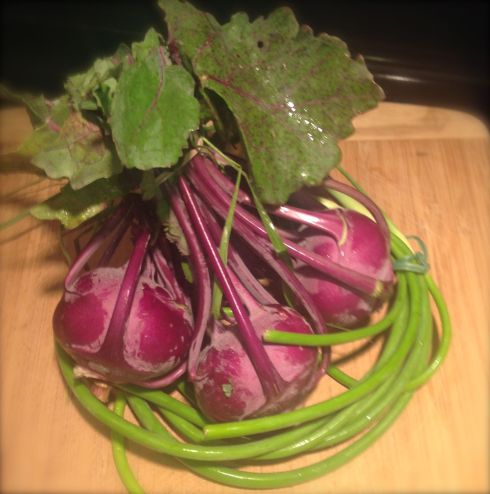 Purple kohlrabl nestled in a wreath of garlic scrapes