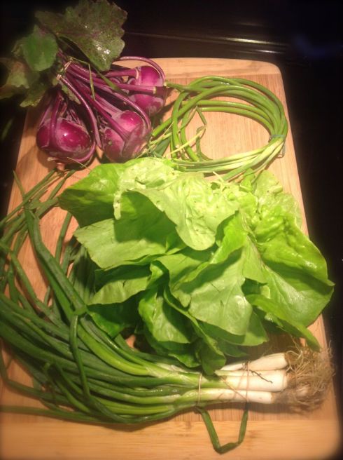 Kohlrabi, garlic tails, lettuce 1