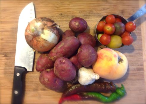 The onion and peach are the ringers here. They were in the fridge and I wanted to use them up. The rest is fresh from the box.