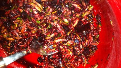 Mashed berries, Zucchini and rhubarb.