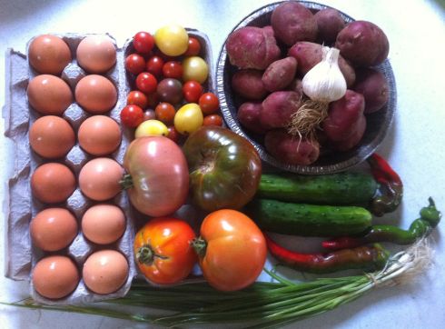 It was our week for eggs  (we get a half share -- so we pick up a dozen ever other week.  The box also included: cucumbers tomatoes, Colorado rose  potatoes, sweet peppers scallions, bok choi*, cherry tomatoes and garlic. (*I swapped out the bok choi for a second helping of potatoes.)