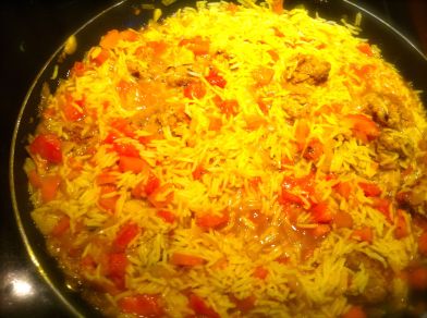 Note the crisping rice at the edges. This is almost done cooking.