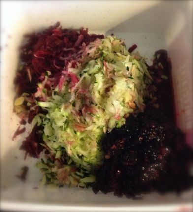 Grated Beets and Zucchini and finger mashed/pitted Blackberries.