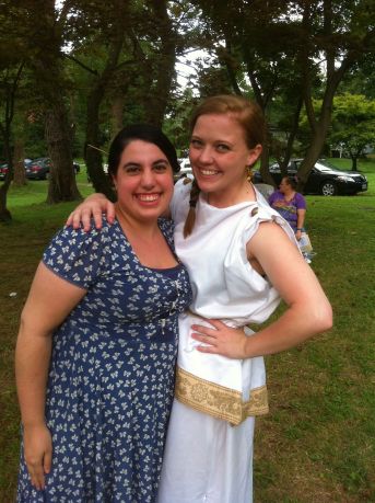 Hermia (Lisa Davidson) and fan (Maggie) off stage during intermission at the Factory's Mid Summer.