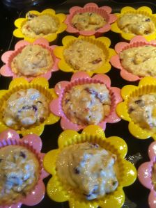 Nectarine Plum Granola Muffins ready to go into the oven.