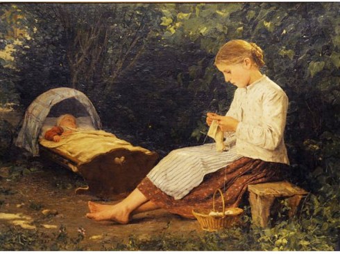 Knitting with double pointed needles while watching a baby. 