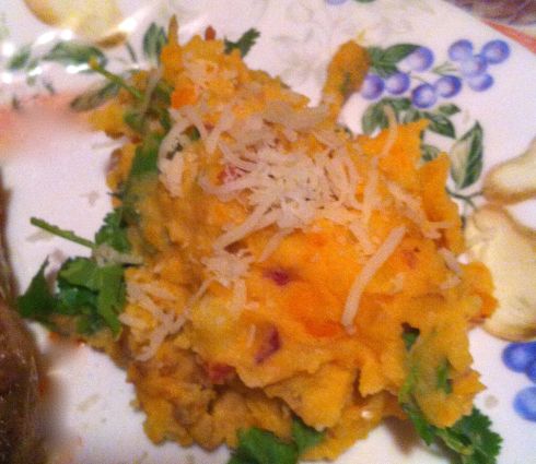 Half and Half Mashed Sweet Potatoes on the plate and ready to eat.