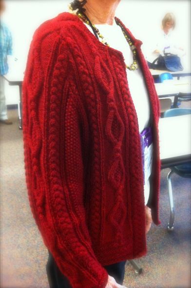 One of Kathy Zimmerman's Aran sweater designs (this one graced the pages of a national knit magazine)