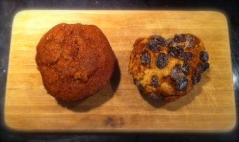 Plain Pumpkin muffins and Raisin enhanced Pumpkin muffins sit side by side in harmony on my mini cutting board.