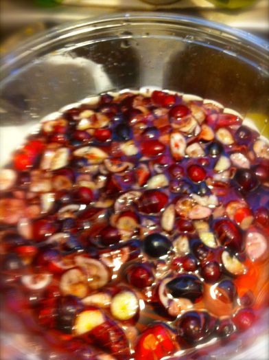 Chopped cranberries in cold water. 