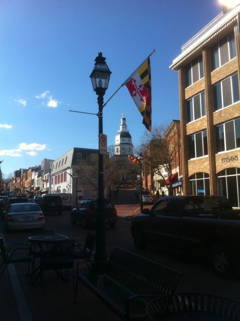 Downtown Annapolis. The State House tower is center.